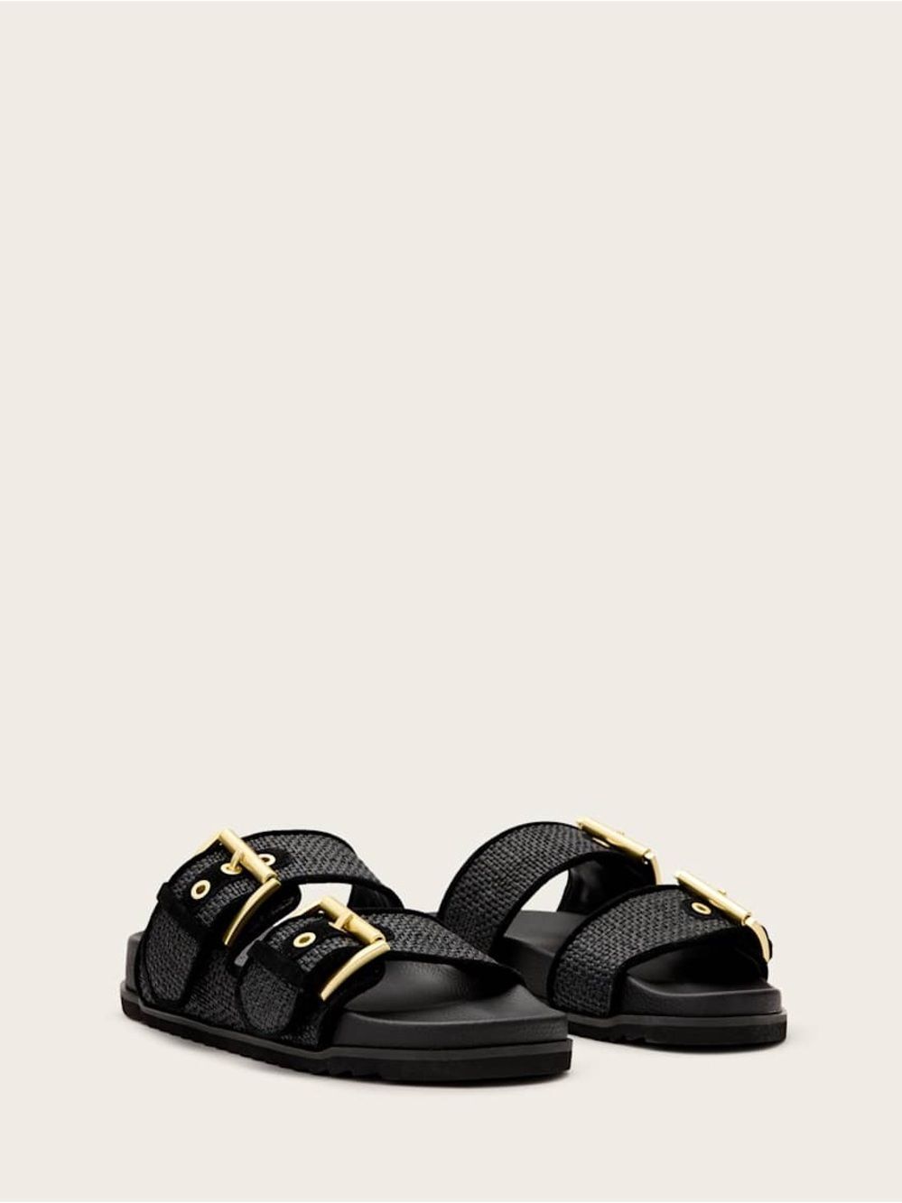 AllSaints Black Woven Double-Strap Slides with Metallic Buckles SB9